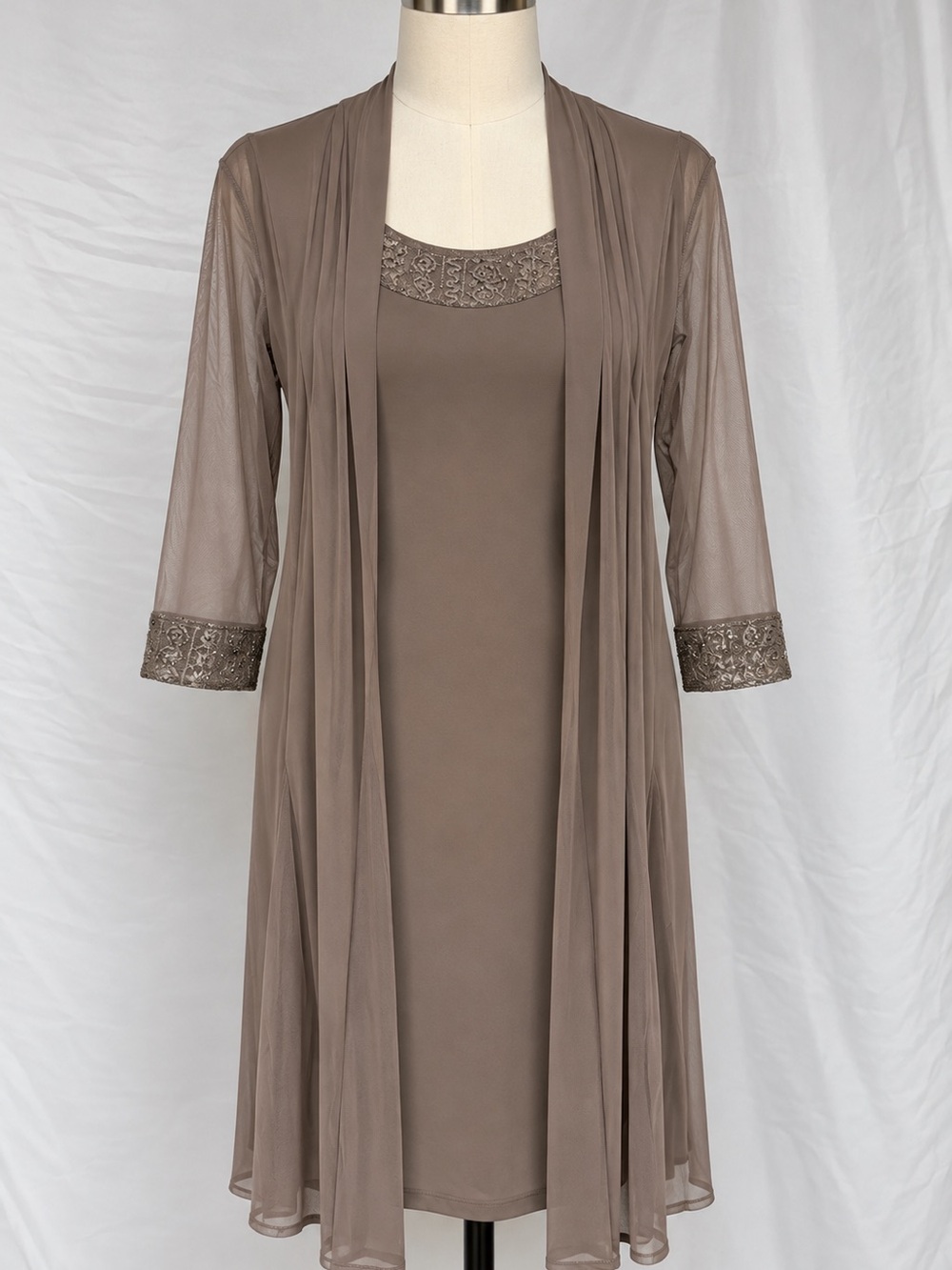 R&M Richards 2 Piece Dress Jacket Set Size 12 Taupe Lace Sequin Formal NWT